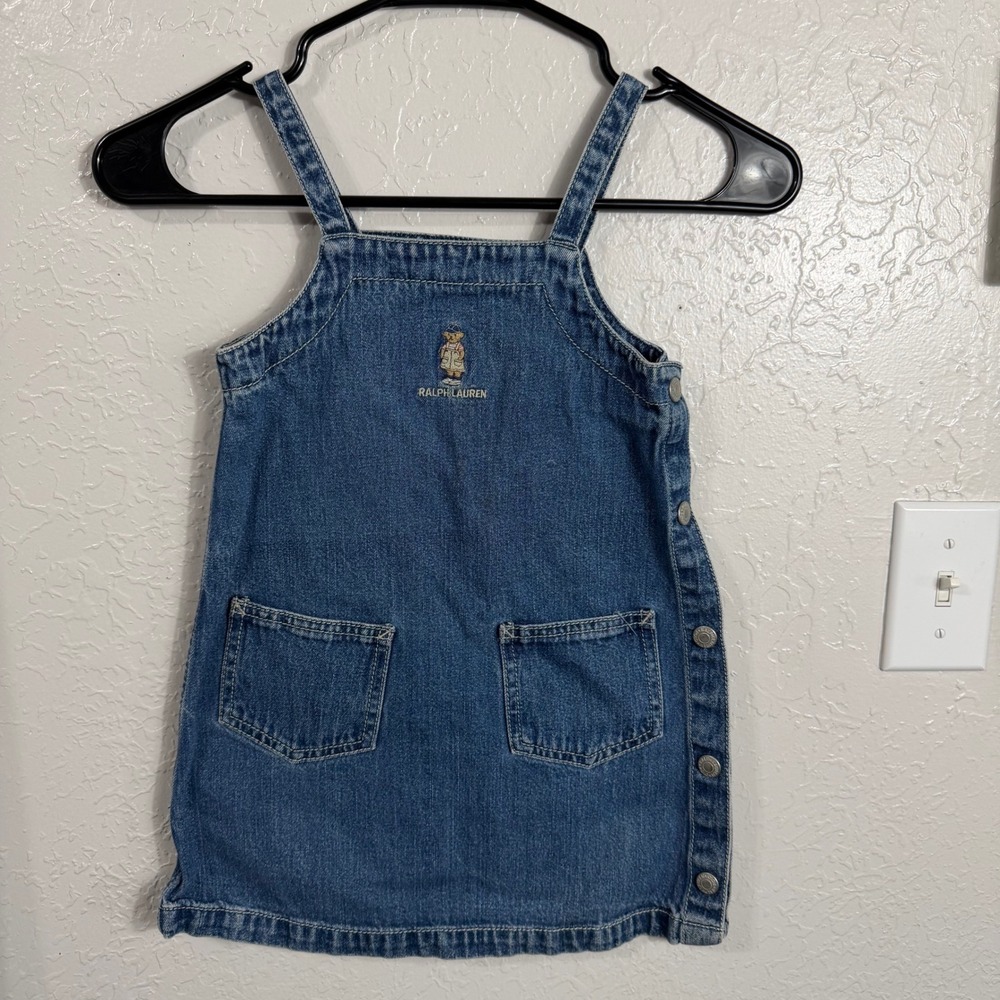Ralph Lauren Girls Denim Polo Bear Overall Dress Medium Wash Blue Size 4